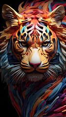 3D vector rainbow colored, wavy fractal neon Tiger head.