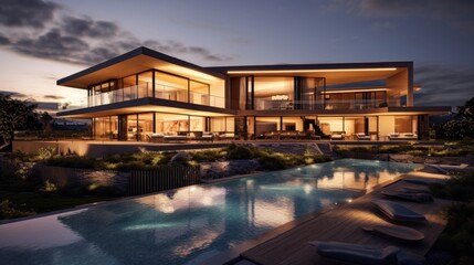 modern luxury house with swimming pool lit up at night.AI generated image