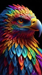 3D vector rainbow colored, wavy fractal neon eagle head.