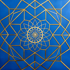a blue and gold geometric design with a blue background