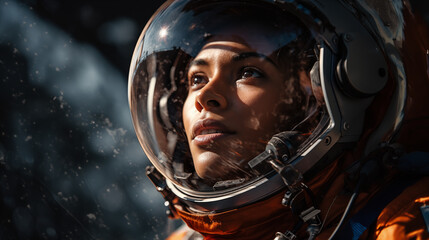 Female astronaut gazing into space with wonder closeup image. Spacewoman close up photography marketing. Woman in space concept photo realistic. Skyward look picture photorealistic
