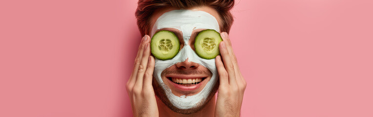 A man with cucumber slices laid on his face, possibly during a skincare routine or spa treatment