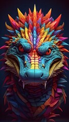 3D vector rainbow colored, wavy fractal neon Crocodile head.