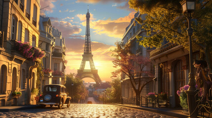 Vintage Car on Cobbled Paris Street at Sunset with Eiffel Tower