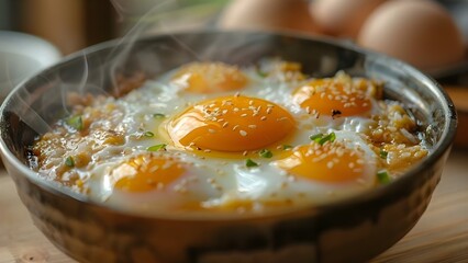 Closeup of steaming bowl of food with eggs in center. Concept Food Photography, Close-up Shots, Steaming Hot, Egg Dish, Culinary Creations