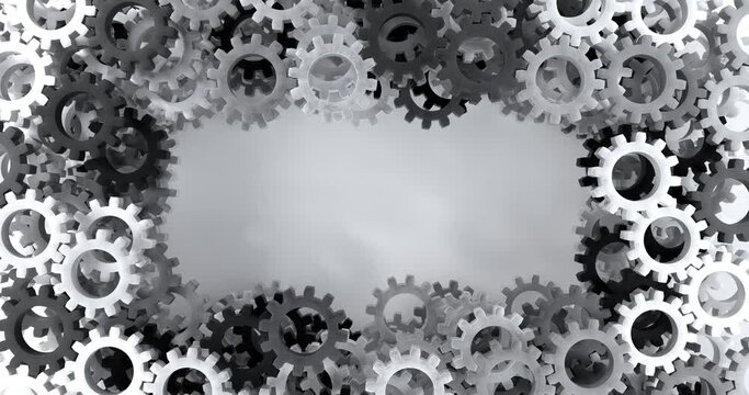 Black and white metal gears, gray simple frame , gear mechanism, abstract business illustration, loop video copy space, 3d rendering