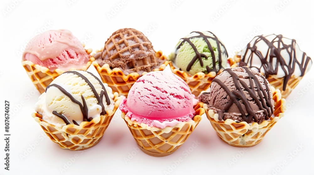 Poster different sorts of ice cream in a waffles isolated on white background : generative ai