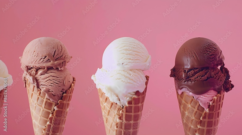 Poster variety of ice cream scoops in cones with chocolate vanilla and strawberry : generative ai