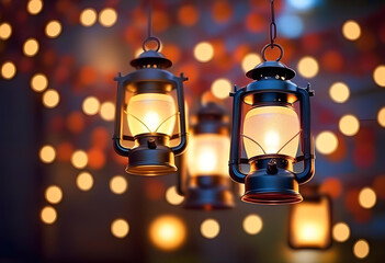 Old retro style lantern with sparkling bokeh lights in the background