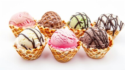 Different sorts of Ice Cream in a waffles isolated on white background : Generative AI