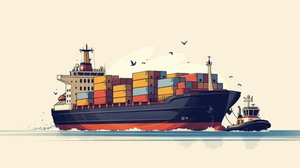 Large cargo ship and tugboat on ocean with colorful containers and seagulls flying above