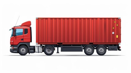Red truck transporting shipping container on road