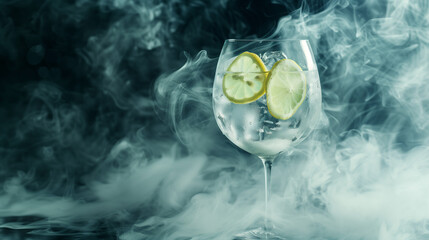 Naklejka premium Artistic Presentation of Gin and Tonic with Lemon in Smoky Atmosphere