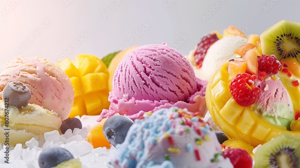 Poster ice cream scoop ball with fruits toppings on white background cutout many assorted different flavour