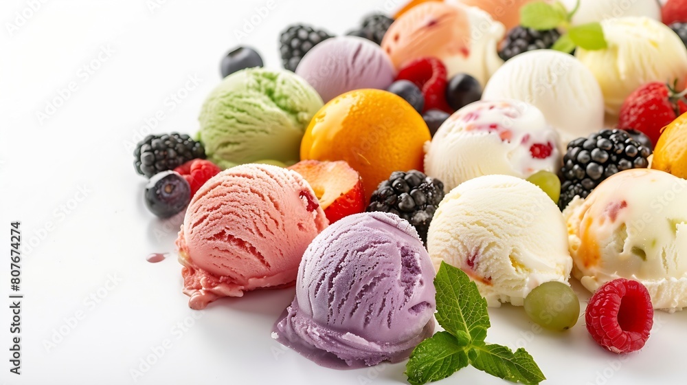 Poster ice cream scoop ball with fruits toppings on white background cutout many assorted different flavour