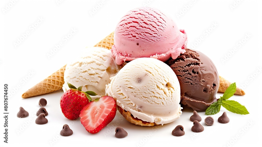 Aufkleber Ice cream scoops in cones with chocolate vanilla and strawberry isolated on white background Collection with clipping path : Generative AI