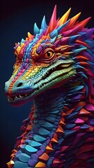 3D vector rainbow colored, wavy fractal neon Crocodile head.
