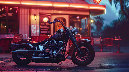 custom-built bobber motorcycle parked in front of a retro diner - Powered by Adobe