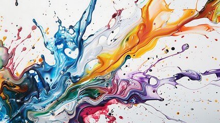 Dynamic swirls and splashes of vibrant color spreading elegantly on a blank white canvas, forming an abstract and visually captivating work of art.