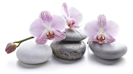 stones and white orchid flowers isolated on a white background.AI generated image