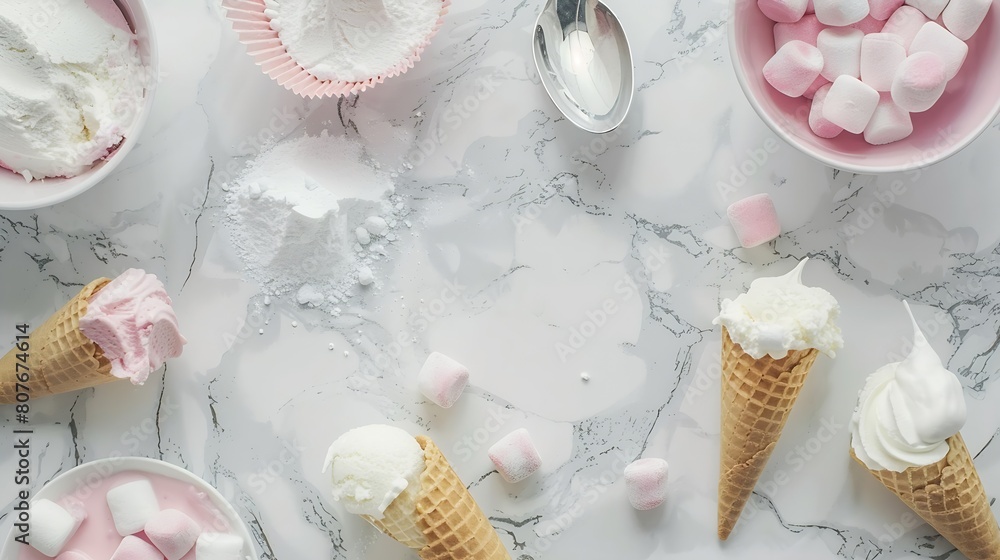 Poster ice cream ingredients view from above on a marble background ice cream in a bowl ice cream cones spo