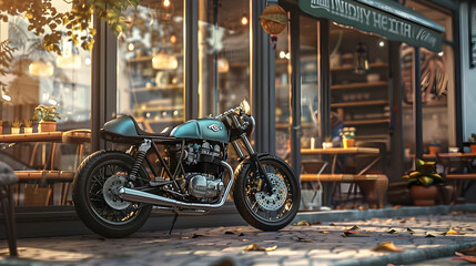 custom-built cafe racer parked outside a trendy coffee shop - Powered by Adobe
