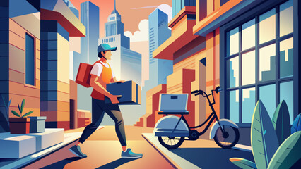 A highly stylized and dynamic illustration depicts a person in a red uniform, possibly a delivery worker, running with urgency. The figure is shown in a full stride, suggesting running at high speed,