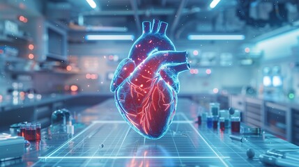 Tech Tools for Cardiology: 3D Hologram of A Heart Visualization for Healthcare Technology - obrazy, fototapety, plakaty