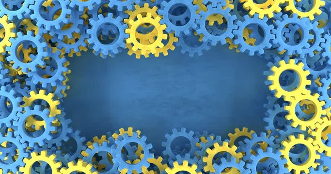 Color metal gears, blue yellow simple frame , gear mechanism, color abstract business illustration, loop video, copy space, 3d rendering
