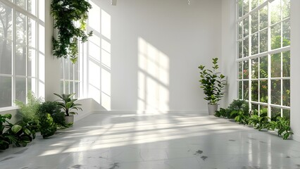 A description of a room with tall windows, white walls, and a concrete floor. Concept Minimalist Design, Industrial Flooring, Natural Light, Spacious Room