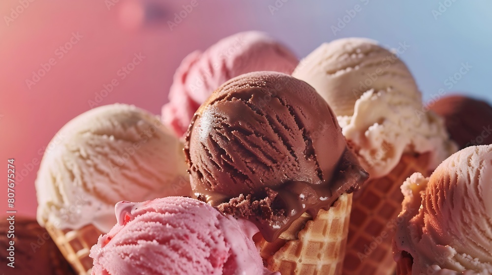 Poster variety of ice cream scoops in cones with chocolate vanilla and strawberry : generative ai