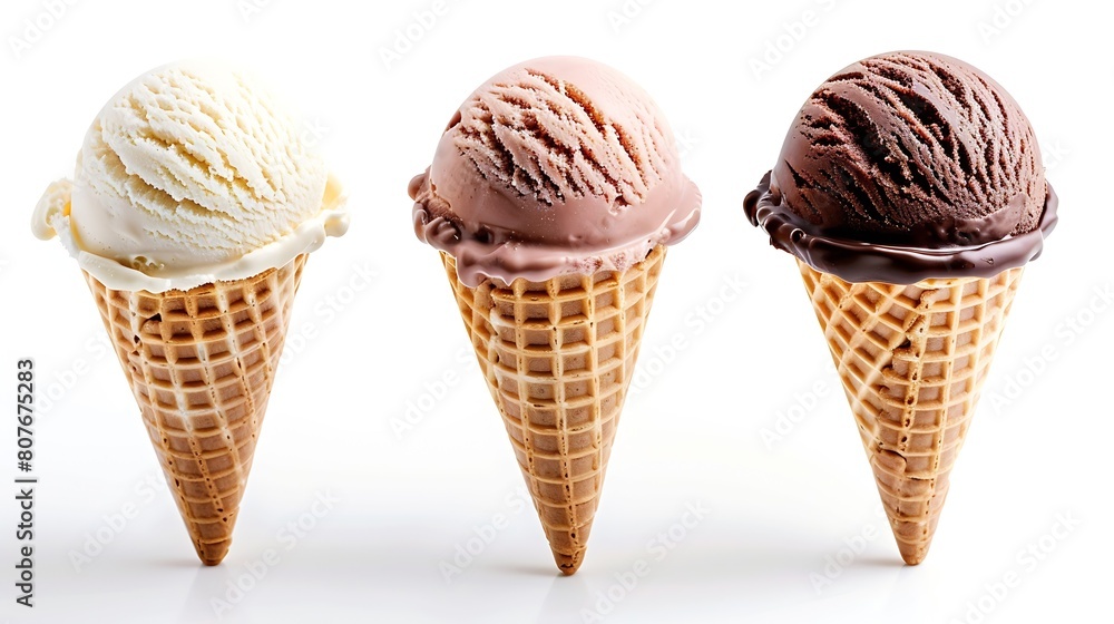 Aufkleber Ice cream scoops in cones with chocolate vanilla and strawberry isolated on white background Collection with clipping path : Generative AI