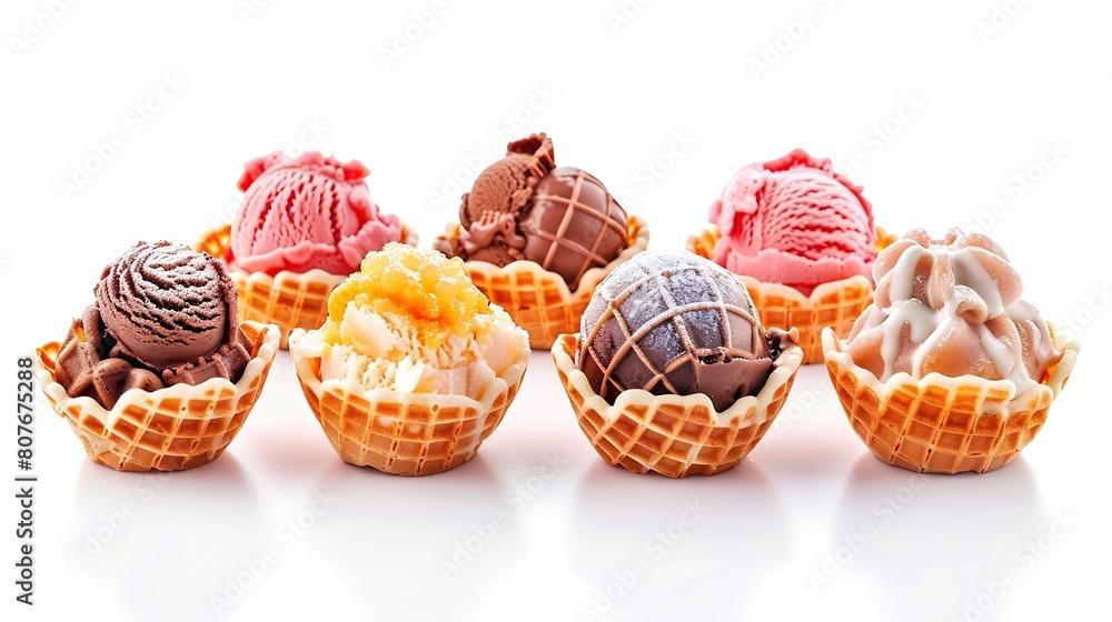 Poster Different sorts of Ice Cream in a waffles isolated on white background : Generative AI