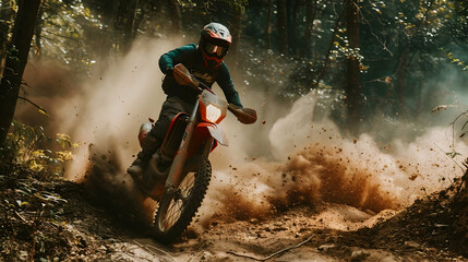 dirt bike kicking up dust on a dirt trail in the forest