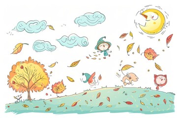 Cartoon cute doodles of gusty winds blowing leaves and hats away, with whimsical wind spirits dancing in the air.Generative Ai