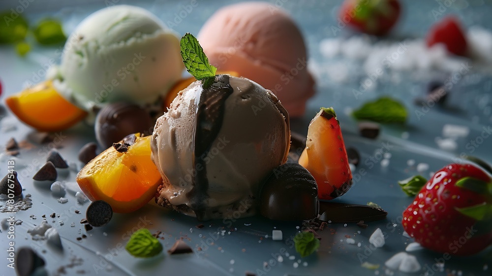 Poster scoops of ice cream with pieces of hazelnut mint and chocolate orange and strawberry : generative ai