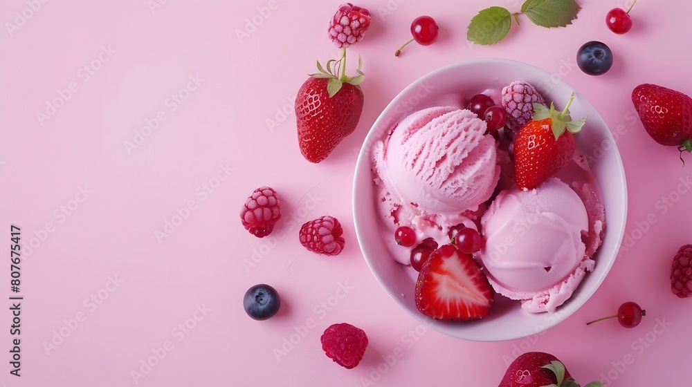 Aufkleber bowl of pink strawberry ice cream and fresh berries isolated on pink background top view : generativ