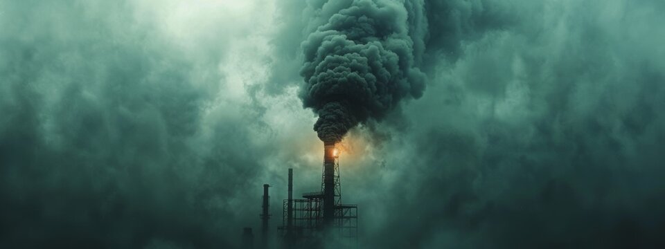A factory smokestack spewing out dark clouds, representing the environmental impact of industry.