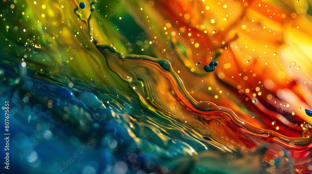 Poster vibrant abstract fluid art with colorful droplets and swirling patterns