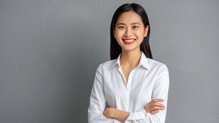 Heureuse jeune femme asiatique, d'affaires professionnelle souriante et confiante portant une chemise beige, une femme cadre assez élégante regardant la caméra, debout, les bras croisés isolés sur fon