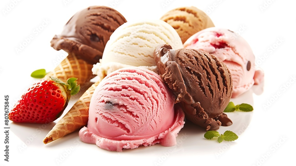 Poster Ice cream scoops in cones with chocolate vanilla and strawberry isolated on white background Collection with clipping path : Generative AI