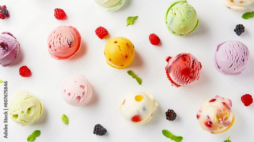 Poster ice cream scoop ball with fruits toppings on white background cutout many assorted different flavour