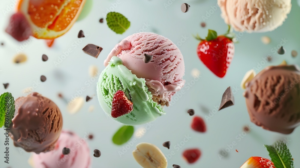 Poster scoops of ice cream with pieces of hazelnut mint and chocolate orange and strawberry : generative ai
