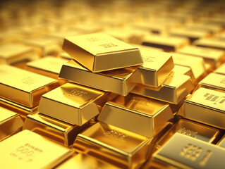 Neatly arranged gold bars and coins