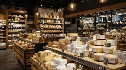 Photos of a cozy cheese and bread store, a large assortment, tasting