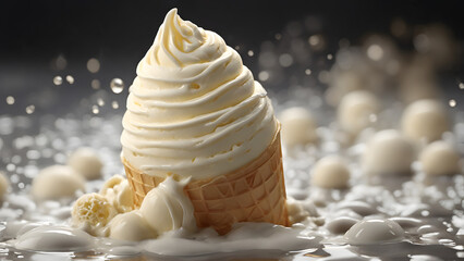 Close up, creamy vanilla ice cream served in a crispy cone against an ice cream-spread backdrop. Best for dessert, ice cream, or food-related content.