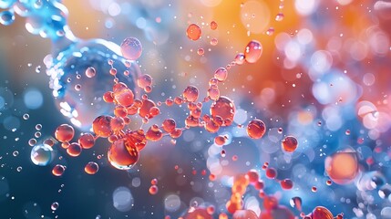 A scientific visualization depicting the molecular structure of water droplets interacting with pollutants and contaminants in the environment, highlighting the need for clean water initiatives - obrazy, fototapety, plakaty