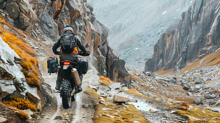 dual-sport motorcycle navigating a rocky mountain trail