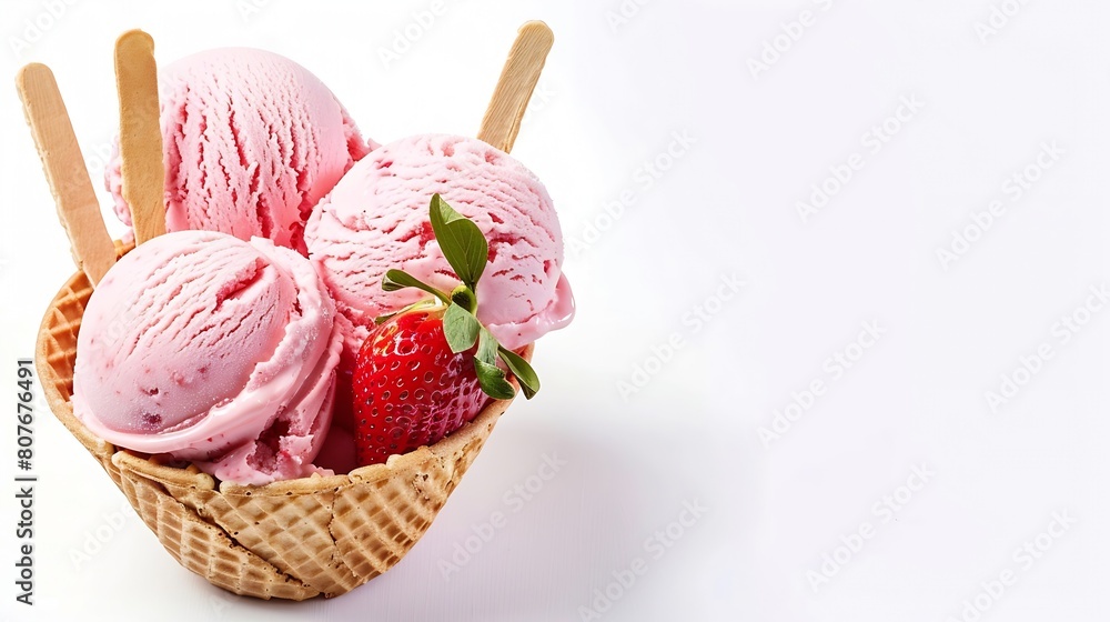 Poster ice cream scoops ice cream in bowl strawberry ice cream with wafer stick in waffle bowl isolated on 