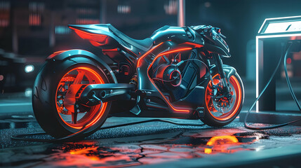 futuristic electric motorcycle charging wirelessly at a charging station